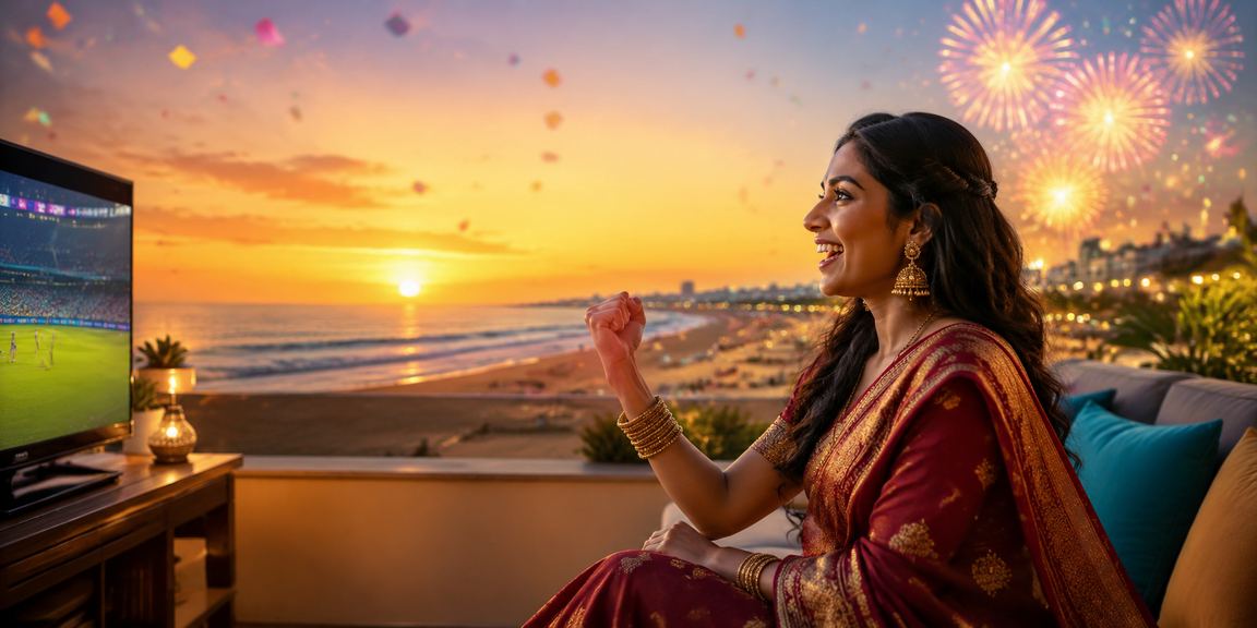 Young Indian woman using mobile device for sports betting at Chennai Marina Beach