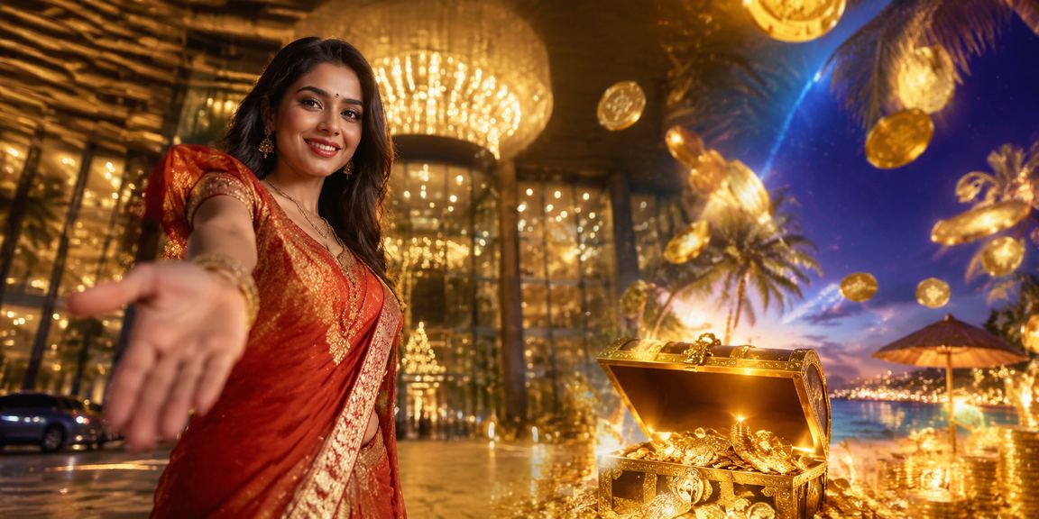 Young Indian woman holding mobile phone showing slot game with festive Saree patterns