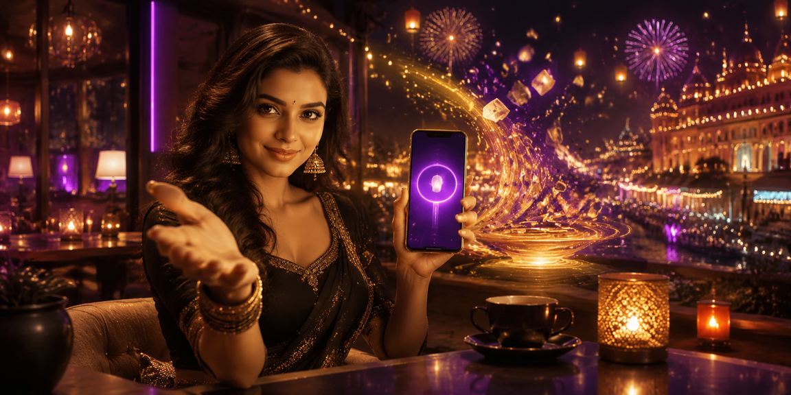 Night market in India with colorful lights and mobile betting