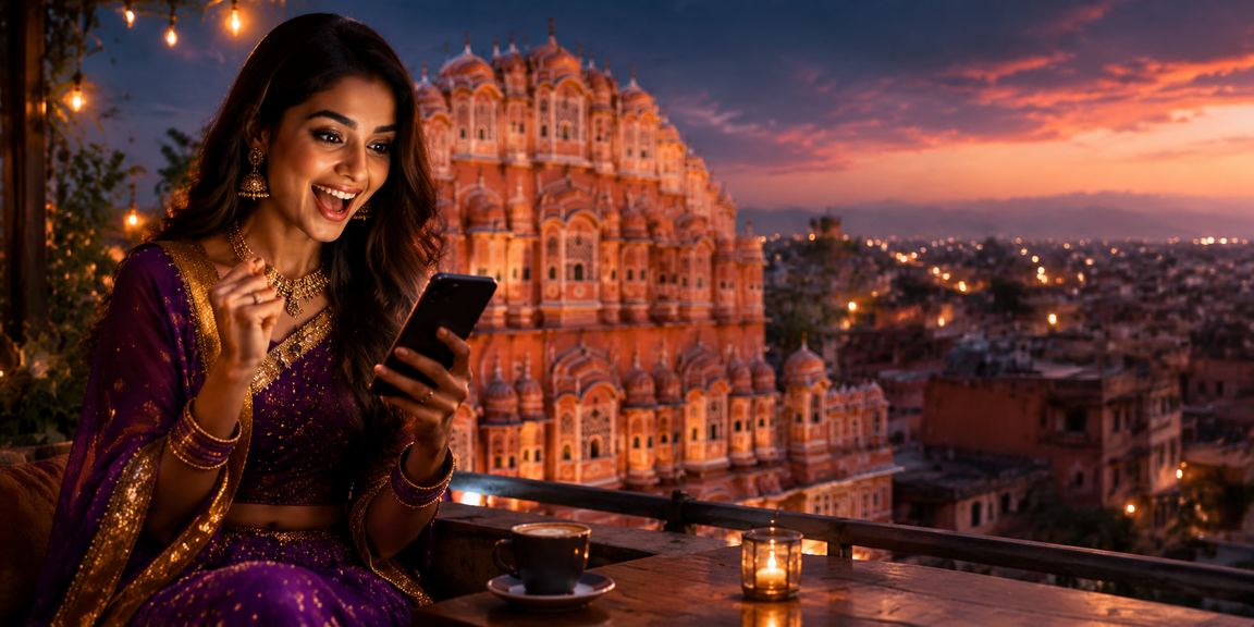 Cricket fan placing live bet in Jaipur with historic Hawa Mahal in background